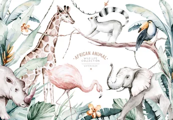  Aquarel illustratie van Afrikaanse dieren: maki, flamingo en giraffe, toekan en neushoorn, neushoorn en olifant geïsoleerd witte achtergrond. Safari savanne dieren © kris_art