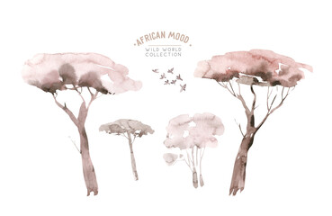 Watercolor landscape: african desert sunrise. Hand painted nature view with Acacia trees. Beautiful safari scene for wedding invitation pre-made card design