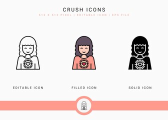 Crush icons set vector illustration with solid icon line style. Wedding love romance concept. Editable stroke icon on isolated background for web design, user interface, and mobile application