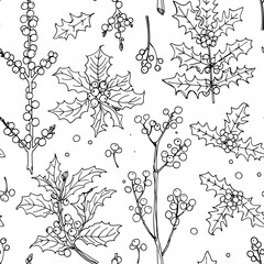 Pattern Flowers vector line drawing. Christmas decor drawn by a black line on a white background. Winter berries, mistletoe, holly