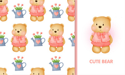  seamless pattern sweet teddy bear and greeting card in water color iillustration.
