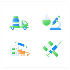 Coronavirus vaccine flat icons set. Health care, worldwide medicine. Cure search, vaccine development process stages. Vaccination against Covid19 disease. 3d vector illustrations
