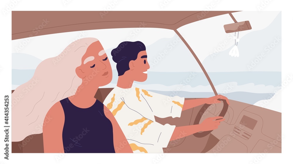 Wall mural romantic couple of happy people inside car. friends enjoying road trip on summer holiday. side view 