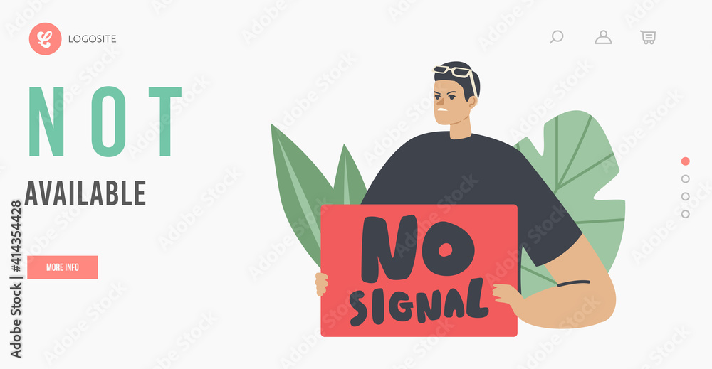 Aufkleber no signal, lost wireless wifi connection landing page template. man with red banner access not avail