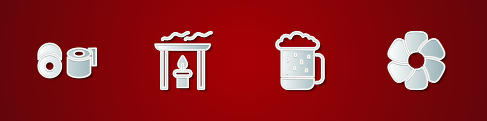 Set Toilet paper roll, Aroma candle, Wooden beer mug and Flower icon. Vector.
