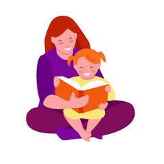 Mom reads a book to her daughter. The little girl sits on her mother's lap. Vector illustration in flat cartoon style. Isolated on a white background.