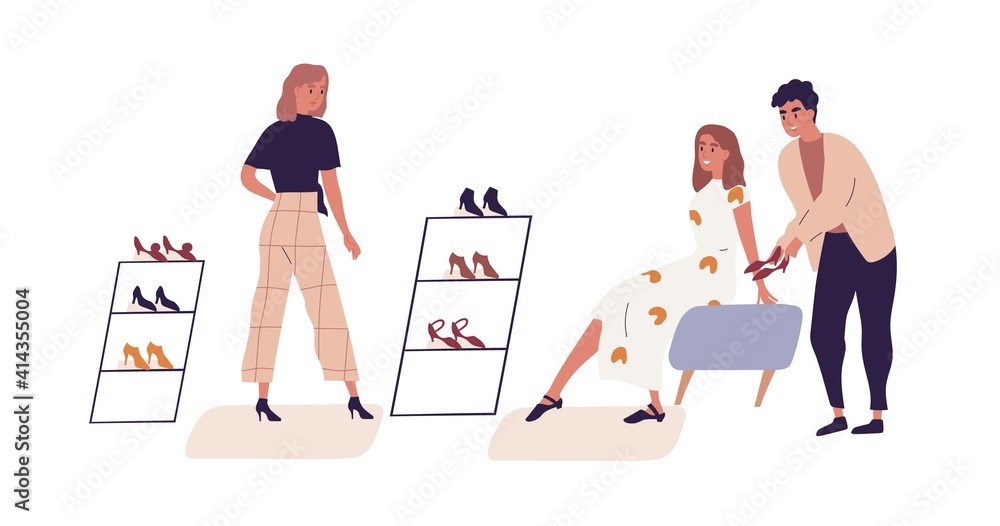 Wall mural Woman shopping in retail shoe store choosing footwear with help of salesman and personal fashion stylist or consultant. Colored flat cartoon vector illustration isolated on white background