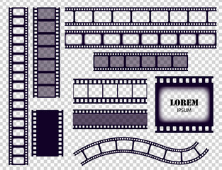 Film strip collection. Cinema border tapes or photo negative isolated on transparent background. Monochrome film stripes set vector illustration