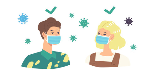 People Wear Mask Right Way Infographic. Correct Way to Wear Protective Facial Mask. Characters Protect from Coronavirus