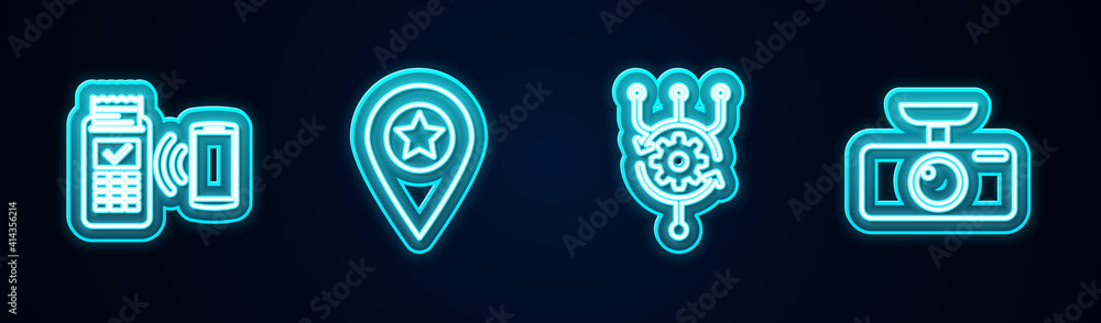 Poster set line pos terminal, location with star, algorithm and car dvr. glowing neon icon. vector.