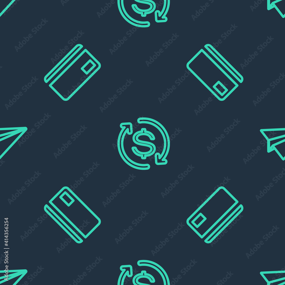 Poster set line return of investment, credit card and paper plane on seamless pattern. vector.