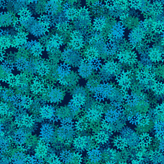 Coronavirus seamless pattern. Many hand drawn viruses different shades of blue on dark square background, Vector illustration