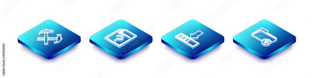 Poster set isometric line two crossed hammers, unknown document, loading and directory icon. vector.