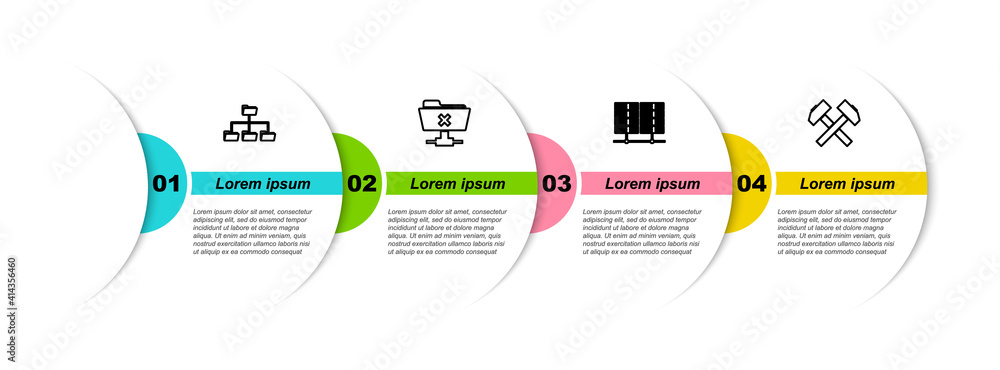 Poster set line folder tree, ftp cancel operation, server, data, web hosting and two crossed hammers. busin