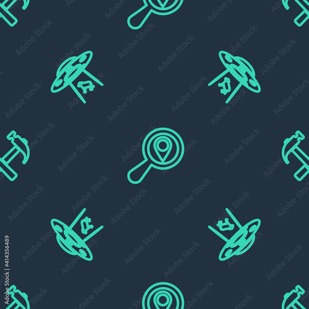 Poster set line search location, ufo abducts cow and two crossed hammers on seamless pattern. vector.