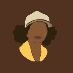 Abstract african woman portrait in cap, Afro black skin girl with curly hair. Vector illustration contemporary art.