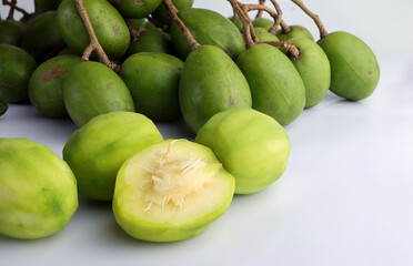 Elaeocarpus hygrophilus Kurz, Pile of Fresh Elaeocarpus hygrophilus fruits on white background.