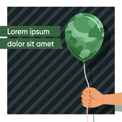 23 February. Day of the defender of Fatherland. Template for social networks. Camouflage balloon in hand. Vector banner.