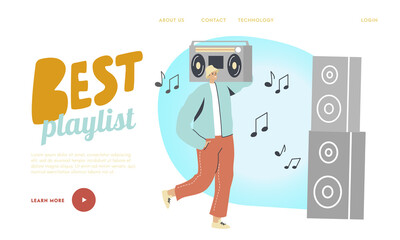 Best Playlist Landing Page Template. Male Character Holding Huge Record Player Stand at Dynamics Enjoying Music