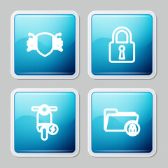 Set line Cyber security, Lock, Electric scooter and Folder and lock icon. Vector.