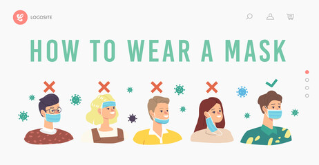 How to Wear Mask Landing Page Template. People Wearing Facemask Wrong Correct Way. Characters Protecting of Coronavirus