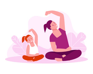 Mother and daughter are doing yoga. Family fitness classes concept. Vector illustration in flat cartoon style.