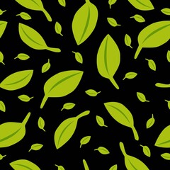 Seamless pattern with green leaves. Black background. Autumn, spring or summer. Nature and ecology. For packaging design and wrapping paper. For wallpaper, scrapbooking, textile and post cards