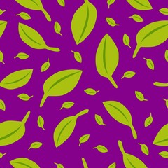 Seamless pattern with green leaves. Violet background. Autumn, spring or summer. Nature and ecology. For packaging design and wrapping paper. For wallpaper, scrapbooking, textile and post cards