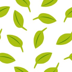 Seamless pattern with green leaves. White background. Autumn, spring or summer. Nature and ecology. For packaging design and wrapping paper. For wallpaper, scrapbooking, textile and post cards