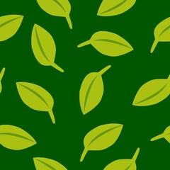 Seamless pattern with green leaves. Dark green background. Autumn, spring or summer. Nature and ecology. For packaging design and wrapping paper. For wallpaper, scrapbooking, textile and post cards