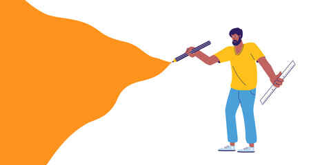 Designer drawing an orange wave with pencil and ruler in hands. Creative illustration in flat design style.