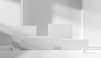 Abstract minimal scene with geometric forms. Podium stage in white background. for show product cosmetic presentation, mock up, 3d render. light and shadow.