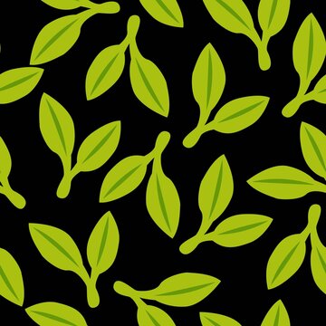 Seamless pattern with green doudle leaves. Black background. Autumn, spring or summer. Nature and ecology. For packaging design and wrapping paper. For wallpaper, scrapbooking, textile and post cards