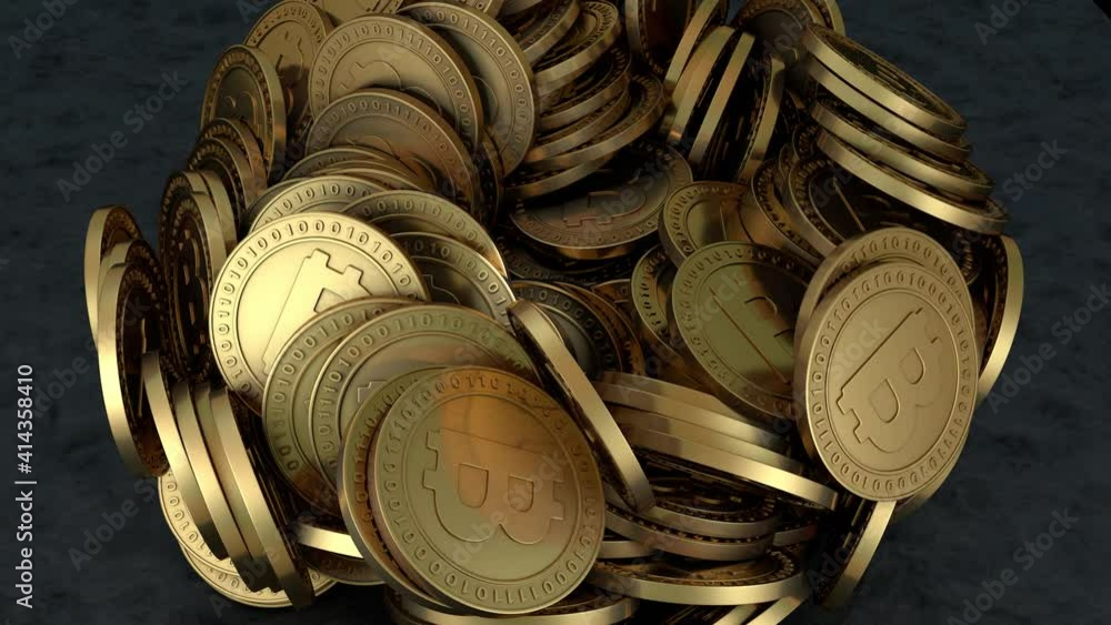 Aufkleber 3d animation of bitcoin cryptocurrency mining. gold coins with the bitcoin symbol appear on a black 
