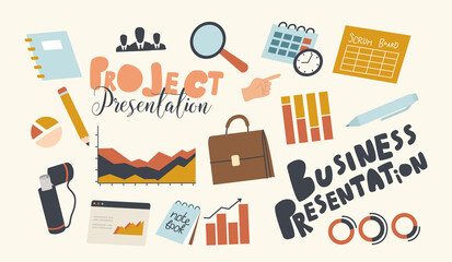 Set of Icons Business Presentation of Project Theme. Magnifier, Briefcase, Scrum Board and Data Analysis Graphs, Office