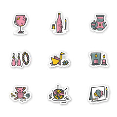 Craft hobby stickers. Handmade and homemade badge for designs. Consist of knitting, handmade candles, decoupage, amigurumi. Craft hobby vector emblems