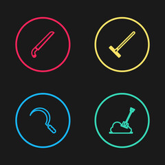 Set line Sickle, Shovel in the ground, Garden rake and saw icon. Vector.