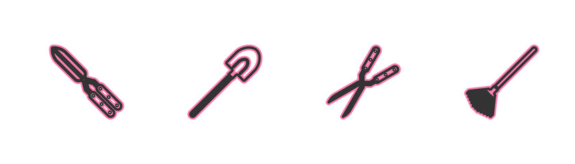 Naklejka premium Set line Gardening handmade scissor, , shovel and rake for leaves icon. Vector.