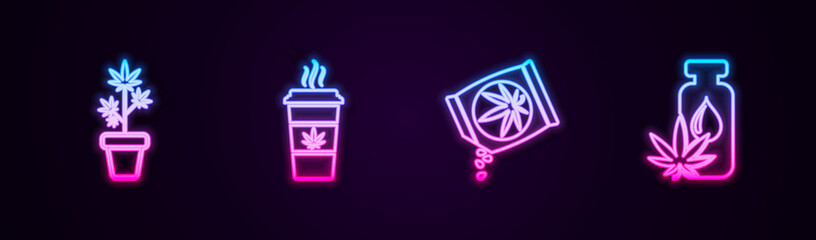 Set line Marijuana plant in pot, Cup coffee with marijuana, or cannabis seeds and leaf oil. Glowing neon icon. Vector.