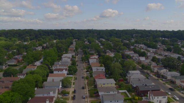 Rising Aerial Of Suburban Neighborhood In Port Washington Long Island