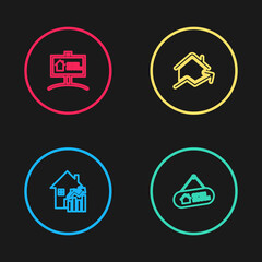 Set line Rising cost of housing, Hanging sign with Open house, and icon. Vector.