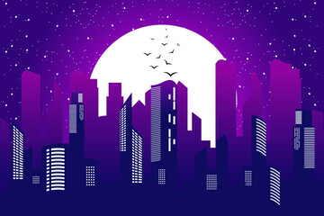 Urban night with commercial building illustration