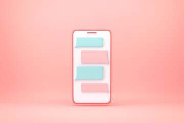 Smartphone with messenger window on pink background. Chatting and messaging concept