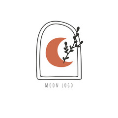 Minimalistic logo template with moon. Abstract vector logo, boho style. 