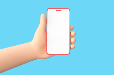 Cartoon 3d hand holding smartphone isolated on blue background