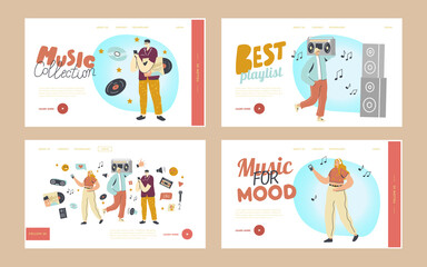 Fototapeta premium Young People Listen Playlist Landing Page Template Set. Characters in Headphones Enjoying Sound Composition