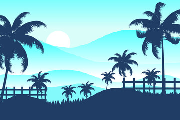 Beautiful silhouettes of palm trees and mountains in sunset