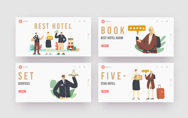 Best Hotel Five Stars Service Landing Page Template Set. Hospitality Staff Meeting Tourists in Top Quality Luxury Hotel