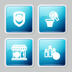 Set line Shield in the basketball ball, Basketball and, Sports shop and winner podium icon. Vector.