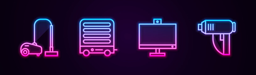 Set line Vacuum cleaner, Electric heater, Computer monitor and industrial dryer. Glowing neon icon. Vector.